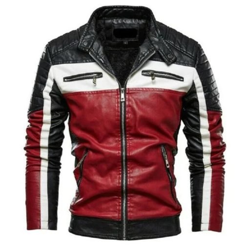 Black White and Red Slim Fit Leather Biker Jacket