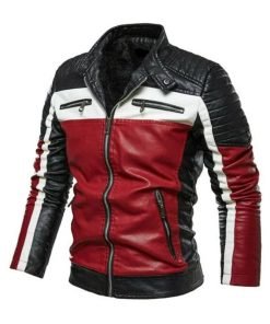 Black White and Red Slim Fit Leather Biker Jacket