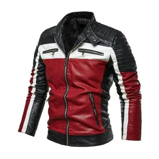 Black White and Red Slim Fit Leather Biker Jacket