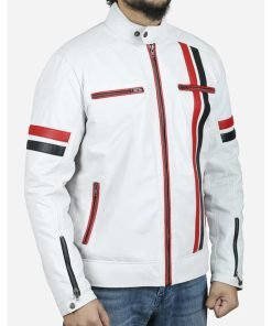 White Cafe Racer Jacket with Red and Black Stripes