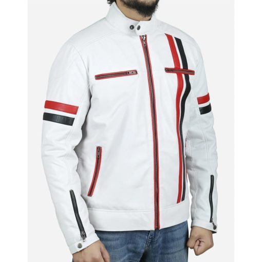 White Cafe Racer Jacket with Red and Black Stripes