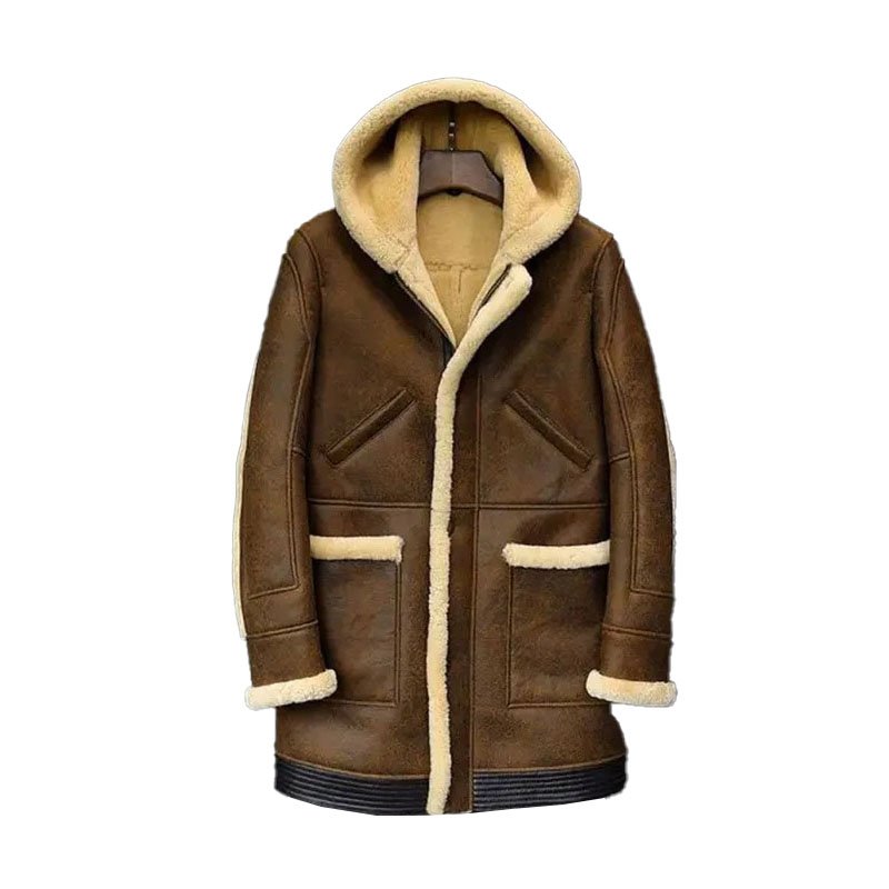 Mens Hooded Sheepskin Shearling Leather Jacket