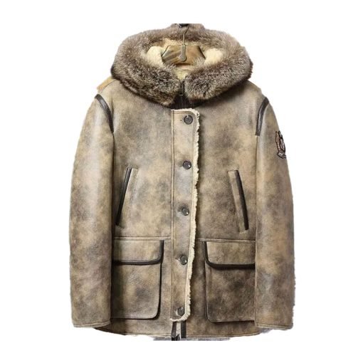 Mens Hooded Shearling Collar Leather Bomber Jacket