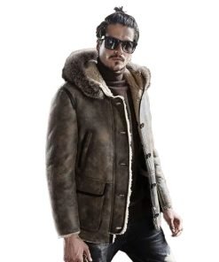 Mens Hooded Shearling Collar Leather Bomber Jacket