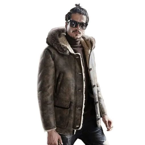 Mens Hooded Shearling Collar Leather Bomber Jacket