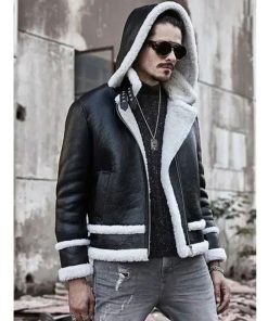 Mens Bomber Hooded Sheepskin Leather Jacket