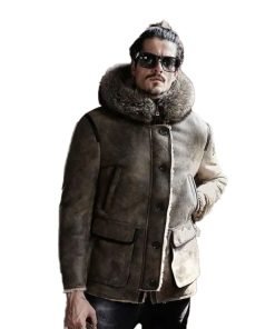 Mens Hooded Shearling Collar Leather Bomber Jacket