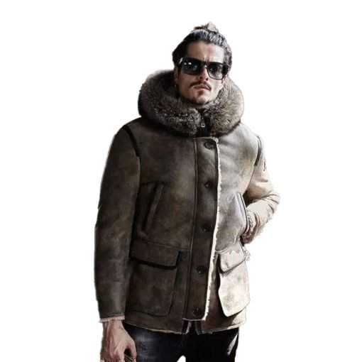 Mens Hooded Shearling Collar Leather Bomber Jacket