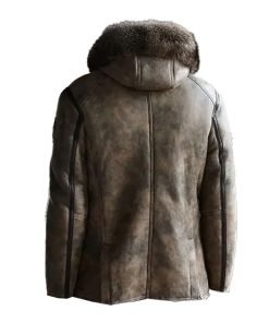 Mens Hooded Shearling Collar Leather Bomber Jacket