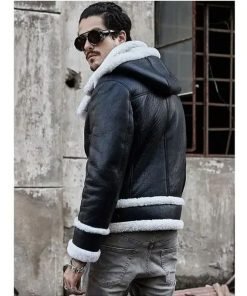 Mens Bomber Hooded Sheepskin Leather Jacket