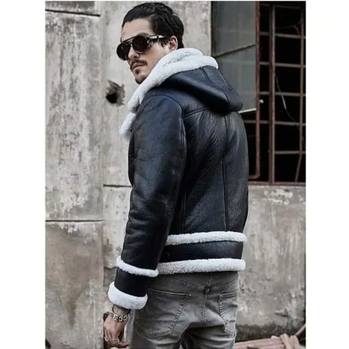 Mens Bomber Hooded Sheepskin Leather Jacket