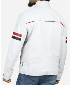 White Cafe Racer Jacket with Red and Black Stripes