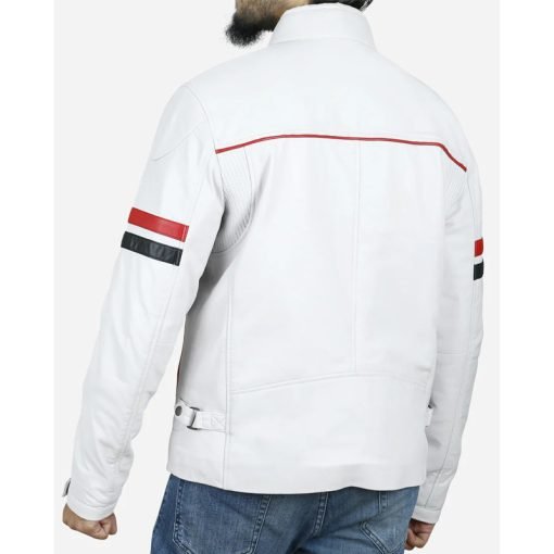 White Cafe Racer Jacket with Red and Black Stripes