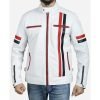 White Cafe Racer Jacket with Red and Black Stripes