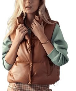 Women's-Puffer-Leather-Vest-In-Brown