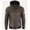 Mens Brown Hooded Leather Jacket