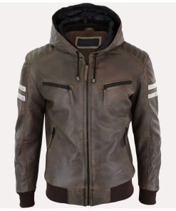 Mens Brown Hooded Leather Jacket