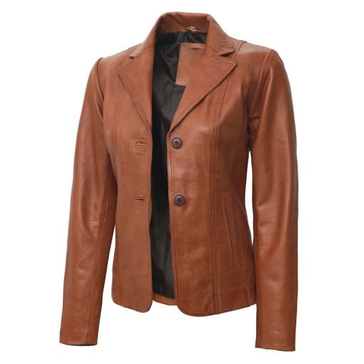 Women's Two Button Tan Leather Blazer Jacket