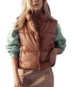 Women's-Puffer-Leather-Vest-In-Brown