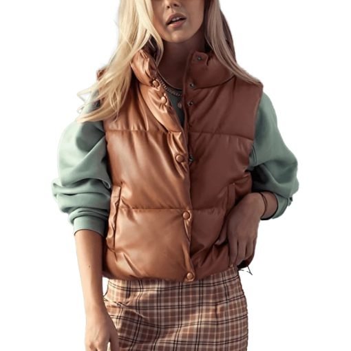 Women's-Puffer-Leather-Vest-In-Brown