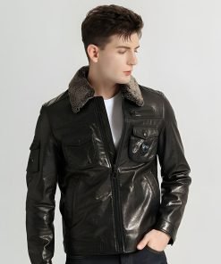 Men's Casual Plain Leather Jackets With Lamb Fur Collar