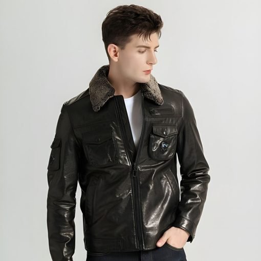 Men's Casual Plain Leather Jackets With Lamb Fur Collar