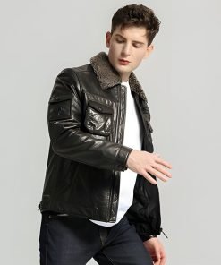 Men's Casual Plain Leather Jackets With Lamb Fur Collar