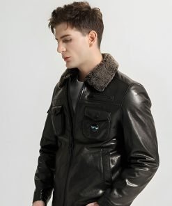 Men's Casual Plain Leather Jackets With Lamb Fur Collar