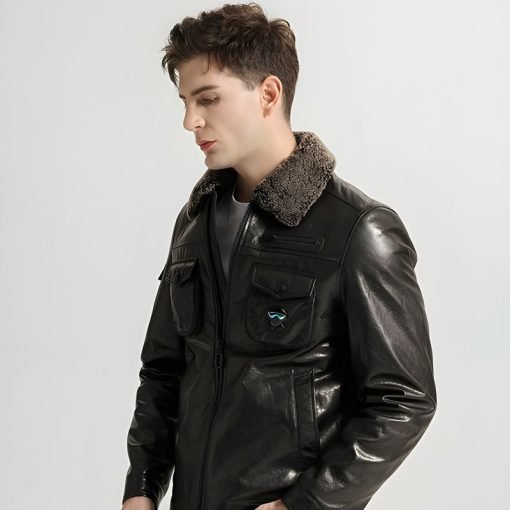 Men's Casual Plain Leather Jackets With Lamb Fur Collar