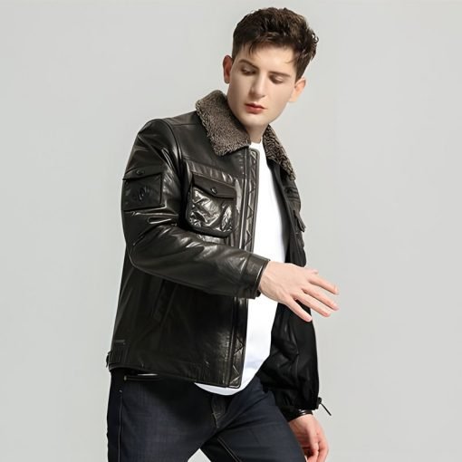 Men's Casual Plain Leather Jackets With Lamb Fur Collar