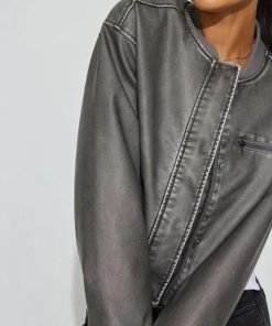 Crop Washed Faux Leather Bomber Jacket