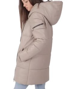 Women's Cream Leather Puffer Jacket