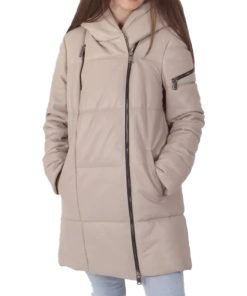 Women's Cream Leather Puffer Jacket