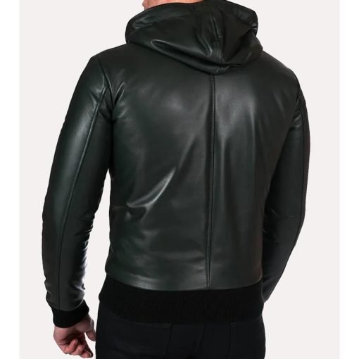 Men's Green Bomber Hooded Leather Jacket