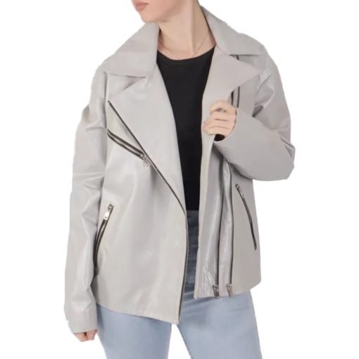 Women's White Leather Biker Jacket