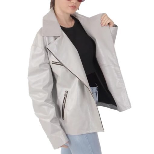 Women's White Leather Biker Jacket