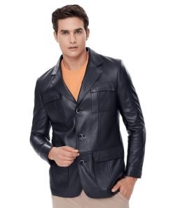 Men’s Real Black Leather Blazer Coat