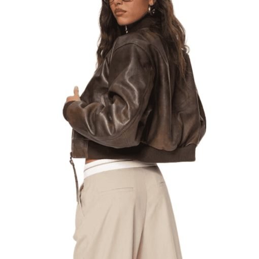 Ladies Brown Bomber Leather Jacket