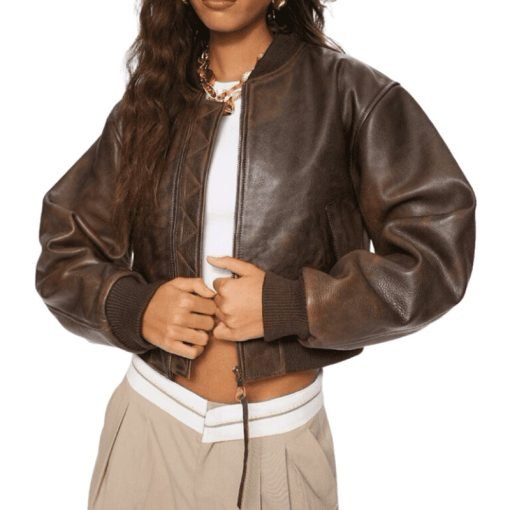 Ladies Brown Bomber Leather Jacket