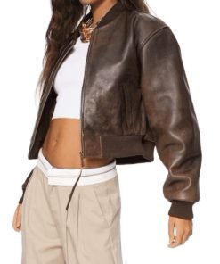 Ladies Brown Bomber Leather Jacket