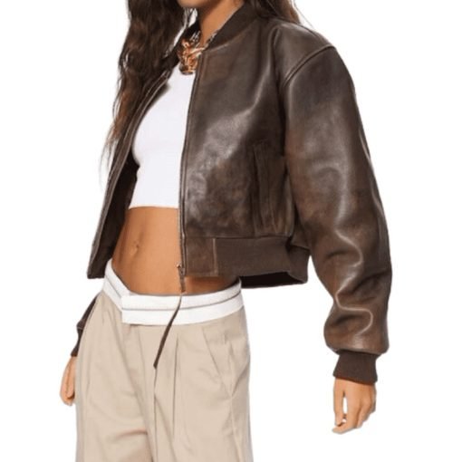 Ladies Brown Bomber Leather Jacket