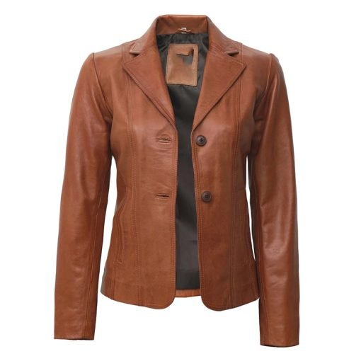 Women's Two Button Tan Leather Blazer Jacket