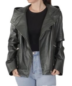 Women's Black Hooded Biker Leather Jacket