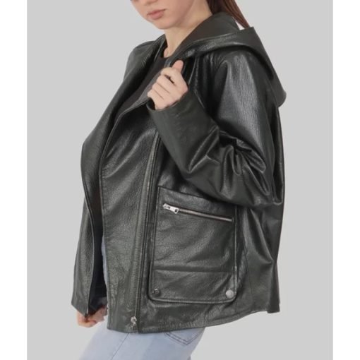 Women's Black Hooded Biker Leather Jacket