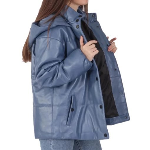 Women's Blue Hooded Leather Jacket