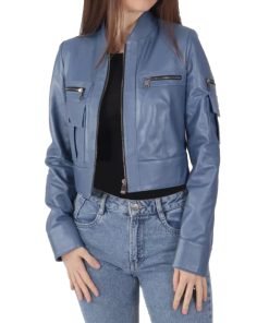 Women's Blue Leather Biker Jacket