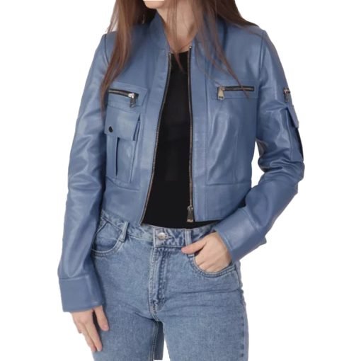 Women's Blue Leather Biker Jacket
