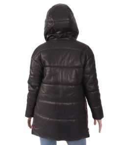 Women's Black Hooded Leather Puffer Jacket
