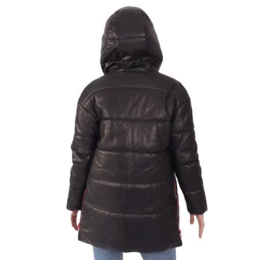 Women's Black Hooded Leather Puffer Jacket