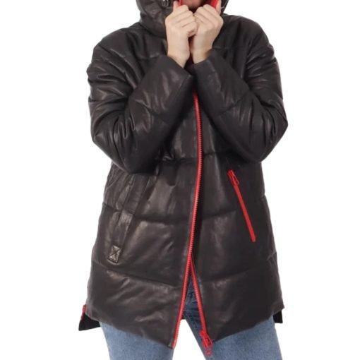 Women's Black Hooded Leather Puffer Jacket